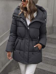 Aveloria Modichic Fashionable Casual Adjustable Waist Plaid Print Hooded Padded Coat Winter - Navy Blue - View 1