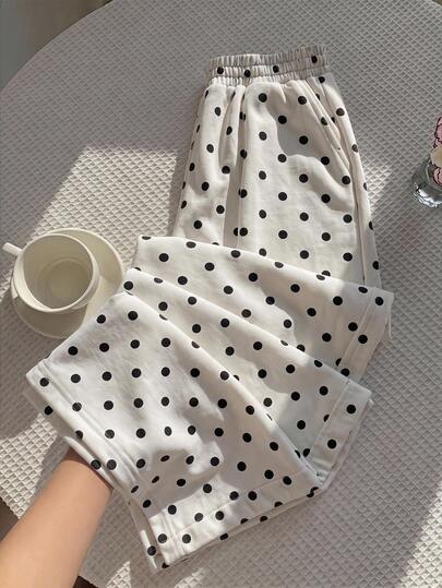 Comfortcana Women's Fashion Polka Dot Print Pocket Elastic Waist Loose Long Pants