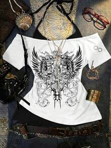 Attitoon Women's Wing Print Raglan Short Sleeve Halter Neck 2 In 1 T-Shirt - Multicolor - View 1