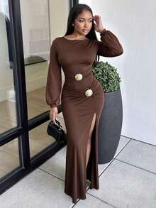 Glyssa Women's Elegant Vintage Metal Buckle Decor Long Sleeve Slit Dress For Party Dinner Night Date Evening Wear Thanksgiving Dark Brown Autumn - Coffee Brown - View 1