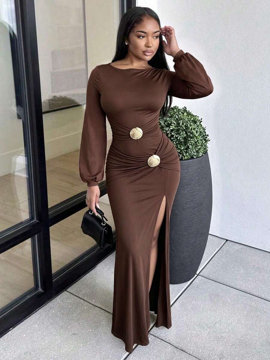 Glyssa Women's Elegant Vintage Metal Buckle Decor Long Sleeve Slit Dress For Party Dinner Night Date Evening Wear Thanksgiving Dark Brown Autumn - Coffee Brown - View 1