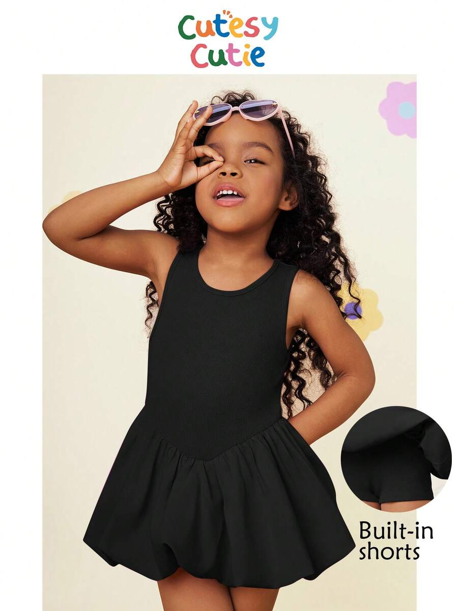 SHEIN Young Girl Fashion Solid Color Patchwork Round Neck Fitted Woven Dress - Black - View 1