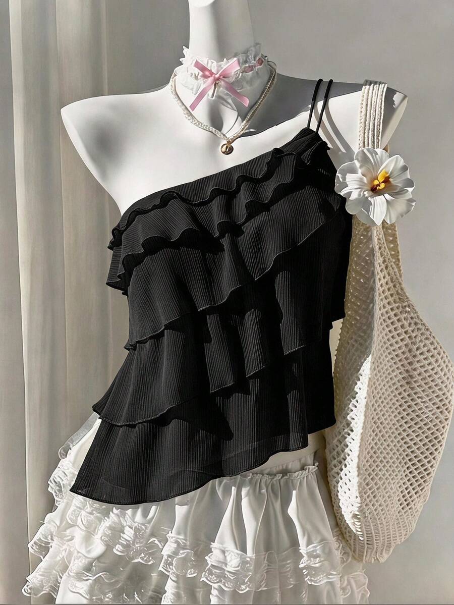 Soleia Top de moda sin mangas con un solo hombro y volantes de varias capas en unicolor para mujer - Negro - Ver 1