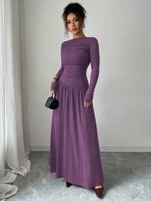 Elenzga Vestido largo de mujer de seda de leche de punto elástico con doble cepillado, cuello cuadrado, fruncido delantero, cintura favorecedora, línea A, bajo suelto, manga larga, estilo Maillard, ajustado, con capas, elegante, romántico francés, estilo femenino, estilo de oficina, estilo de calle, moda de invierno australiana, estilo minimalista versátil, estilo profesional de mujer de dinero antiguo, Acción de Gracias, vuelta a la escuela, fiesta de té de la tarde, primavera, otoño, invierno - Morado - Ver 4