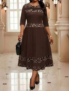 SHEIN Lady CURVE Plus Size Women's Patchwork Leopard Print Round Neck 3/4 Sleeve Elegant Dress - Brown - View 7