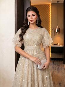 Auveirra Plus Size Women's Elegant Champagne Sequin Waist-Cinched Evening Dress For Party And Bridesmaid Sequin Dress Formal Dress Elegant Dresses For Summer - Gold - View 9