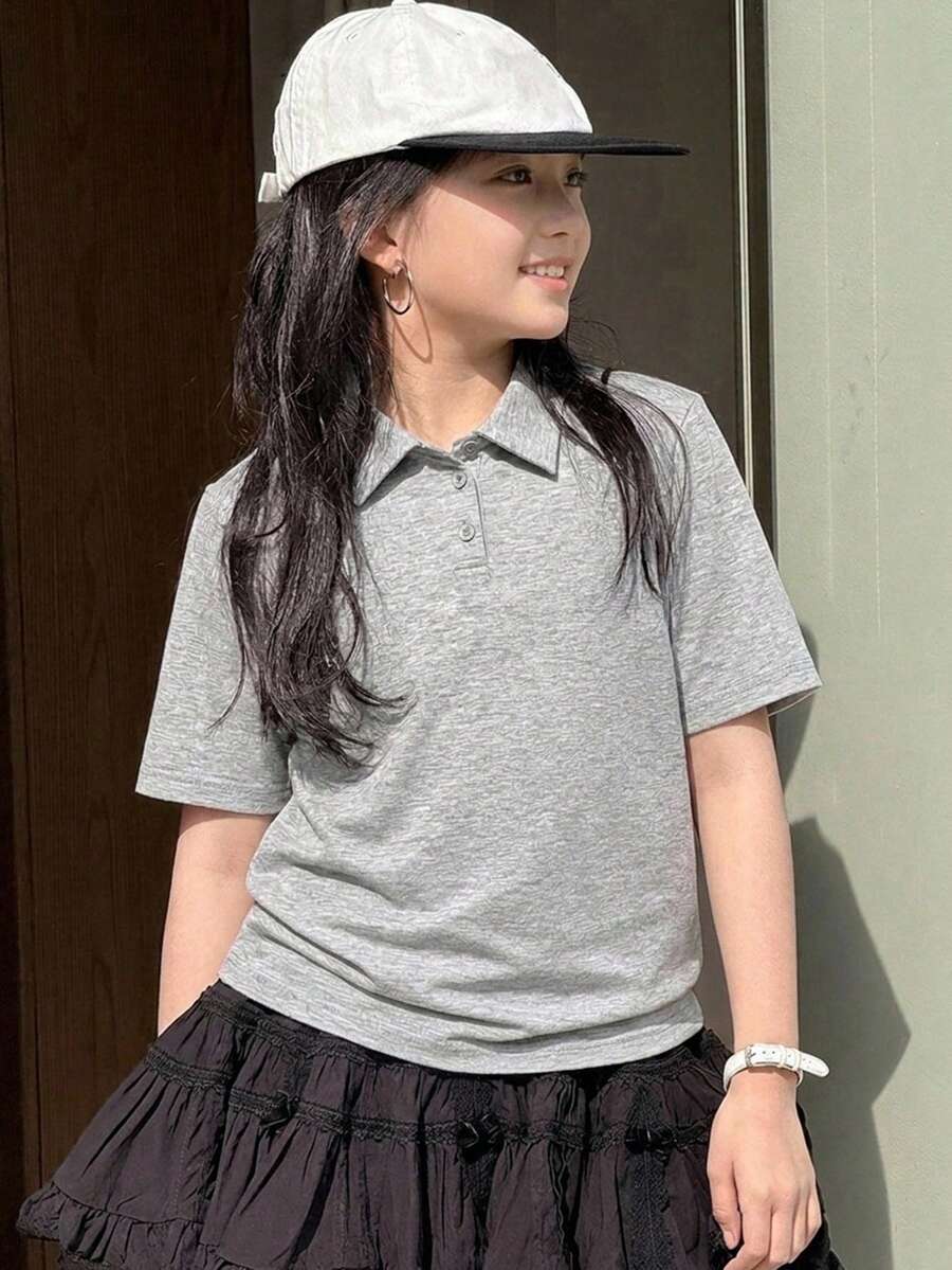 Dazy Kids Tween Girl Solid Color Polo Collar Short Sleeve Casual T-Shirt Summer - Grey - View 1