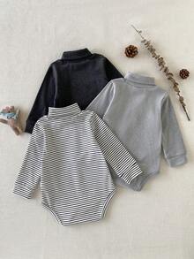 SHEIN 男嬰休閒百搭高領羅紋紋理面料長袖多件式連身衣套裝，秋冬款 - 彩色 - 查看 2