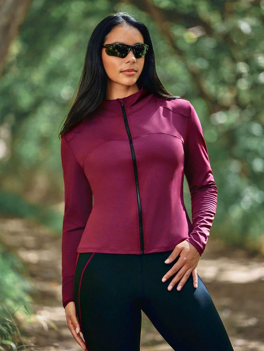 Voyena Women's Plus Size Minimalist Zipper Long Sleeve Sports Jacket Fall - Burgundy - View 1