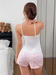 Napfluff Women's Fitted Bow Print Button Bow Decor Camisole Shorts Pajama Set Sleep Home White Pink Summer Cute Kawaii - White - View 2