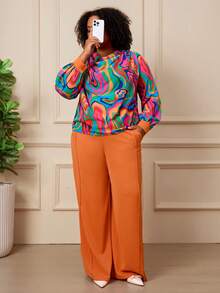 BrightlyHer Plus Size Women's Floral Print Long Sleeve Top Elastic Waist Pants Two Pieces Set Brunch 1920 Vintage Autumn Rainbow Burnt Orange - Multicolor - View 1