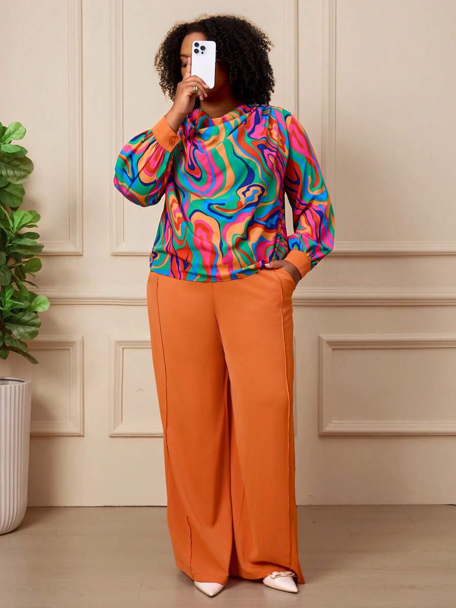 BrightlyHer Plus Size Women's Floral Print Long Sleeve Top Elastic Waist Pants Two Pieces Set Brunch 1920 Vintage Autumn Rainbow Burnt Orange - Multicolor - View 1