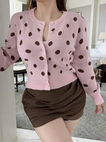 Vibekara Cardigan Leher Bulat Motif Polkadot untuk Wanita Muda Ukuran Plus, Cocok untuk Pesta, Sehari-hari, dan Pakaian Rumah Musim Dingin - Berwarna merah muda - View 4