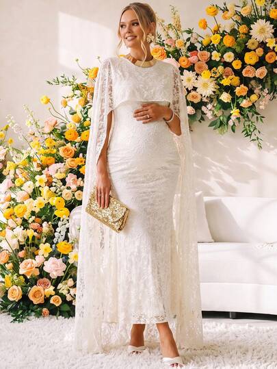 Loomaby Vestido de maternidad con chal de encaje francés dulce, vestido sirena, vestido para revelación de género, vestido de maternidad, vestido para baby shower