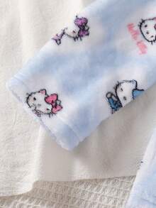 HELLO KITTY AND FRIENDS | SHEIN 聯名款少女秋冬新款可愛印花舒適保暖柔軟雙面法蘭絨開襟翻領長袖褲子2件式居家服套裝1套 - 藍色 - 查看 7