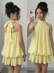 Firerie Kids Firerie Kids Tween Girl Solid Color Pleated Halter Neck Fashion Vacation Travel Dress - Yellow - View 1