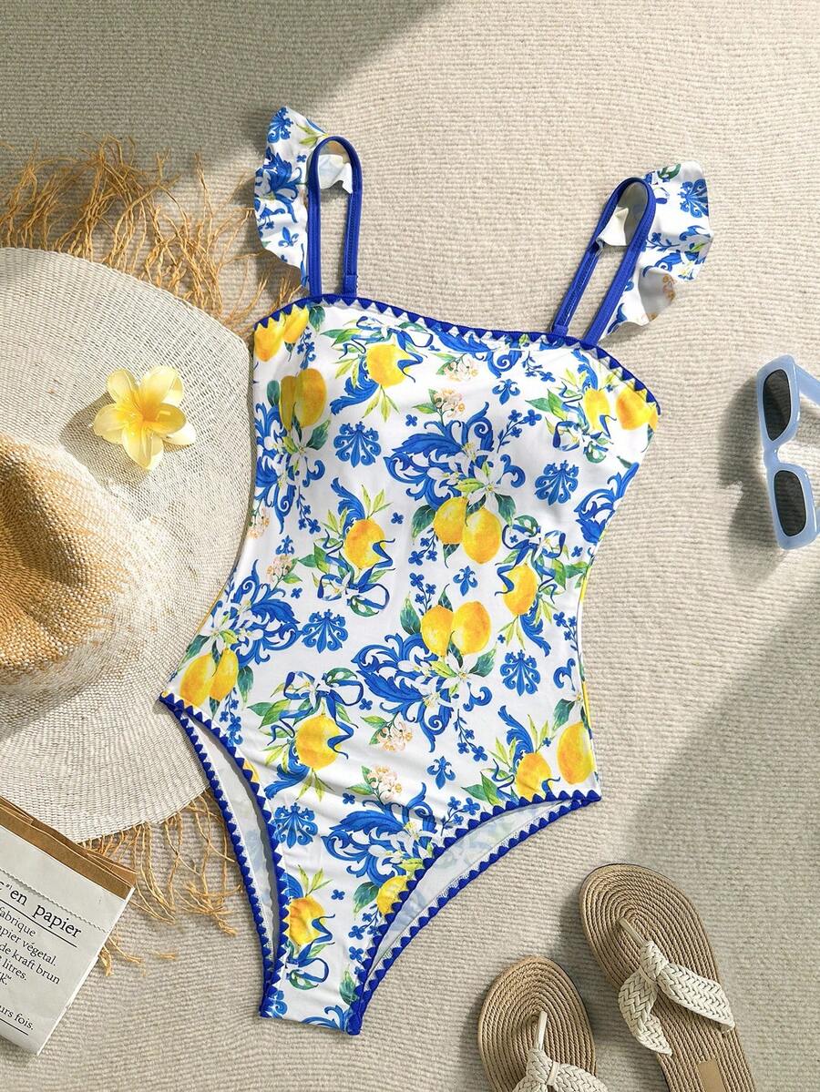 SHEIN Modest Cute Flounce Print One-Piece Swimsuit, Suitable For Beach & Holiday - Blue - View 1
