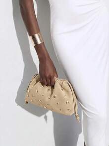 Maija Ladies Fashionable Elegant Simple Personalized Gold Rivet Khaki Suede Pumped Rope Clutch Bag, Daily Commuter Dating Party Afternoon Tea - Khaki - View 6