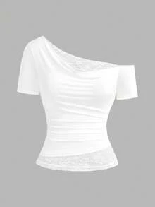 Whyspr Romantic Lace Multi-Piece Set Contrast Color Short Sleeve Asymmetrical Shoulder T-Shirt - Pink - View 4