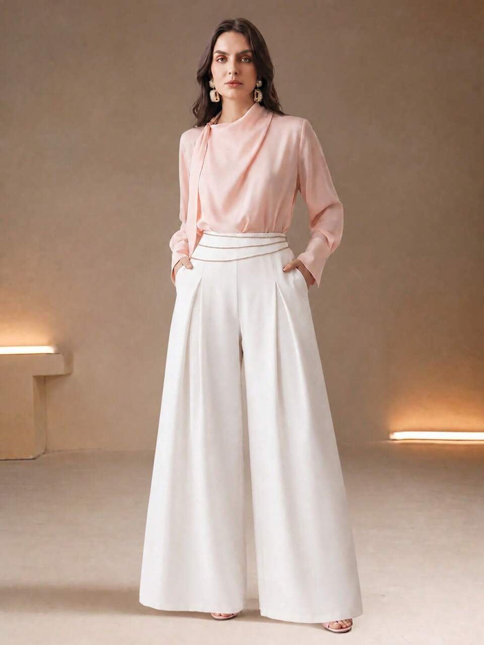 Anewsta Women's Off-White Suit Pants With Rhinestone Chain, Elegant Casual Business Loose Straight Leg Trousers Teachers' Day Office Summer