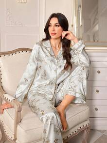 LuxeNights Satin Butterfly Print Lapel Pajama Set, Classic Trim Design, Minimalist Comfortable Loungewear - White - View 8