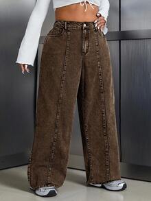 SHEIN EZwear 大尺碼休閒水洗直筒牛仔褲 - 棕色 - 查看 4