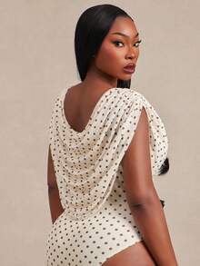 Radiana Curve Plus Size Summer Elegant Polka Dot Print Bodysuit - Yellow - View 2