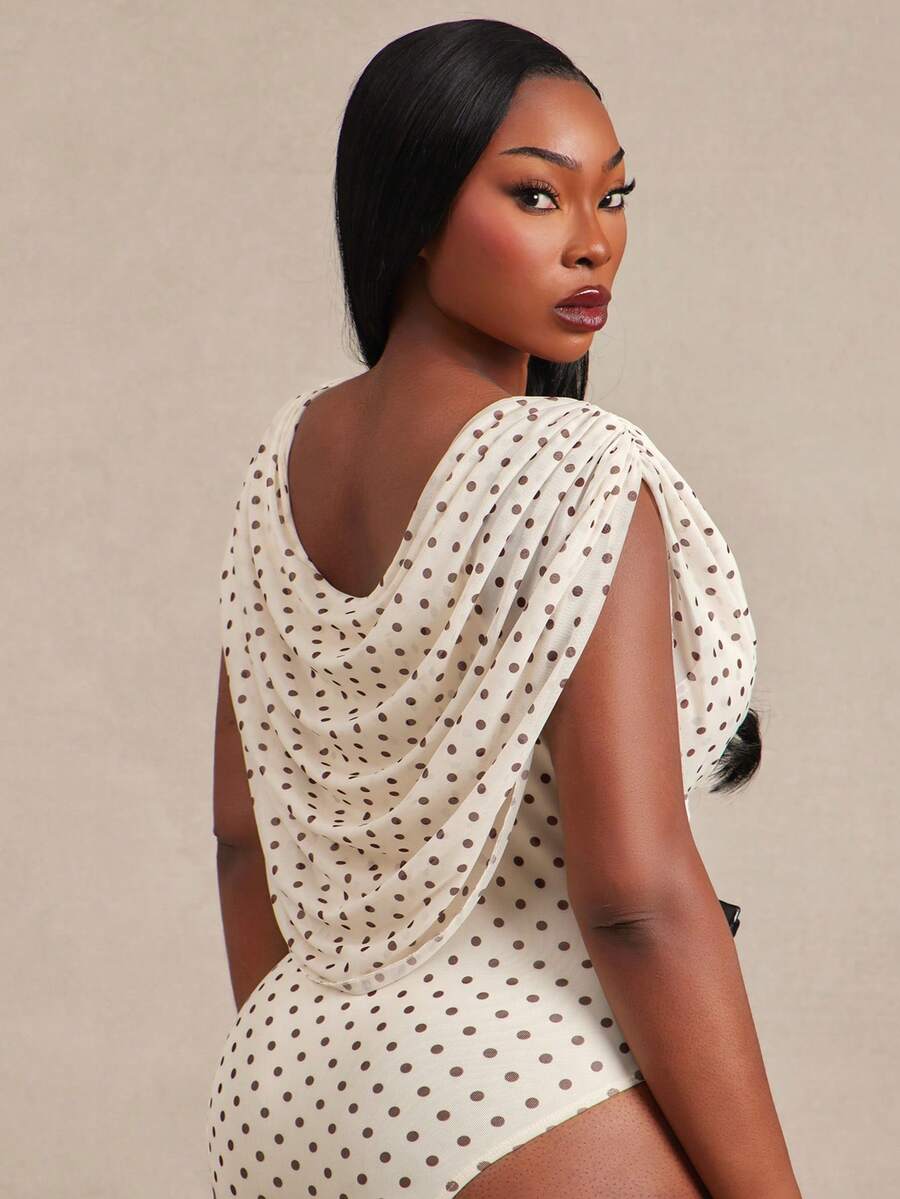 Radiana Curve Plus Size Summer Elegant Polka Dot Print Bodysuit - Yellow - View 1