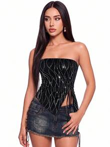SHEIN ICON 外出上衣 撞色亮片抽绳侧边抹胸派对上衣 - 彩色 - 查看 2