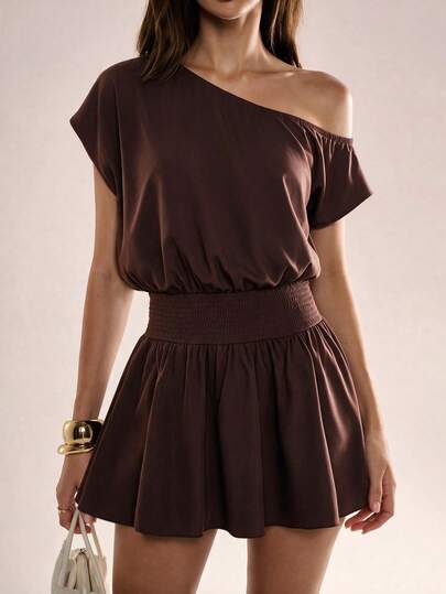 Avenya Asymmetrical Shoulder Waist-Cinching Short Dress With Pocket