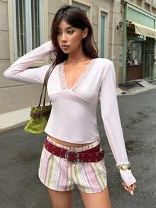 MainGRL Kaos Wanita Lengan Panjang Patchwork Renda Warna Pink Muda, Cocok untuk Kencan Malam Hari, Musim Gugur, Gaya Y2k, Elegan, Romantis, dan Makan Siang Bersama. - Baby Pink - View 5