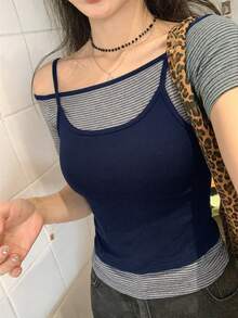 DAZY 女款層次感掛脖短袖T恤，設計感辣妹修身百搭上衣 - 灰色 - 查看 6