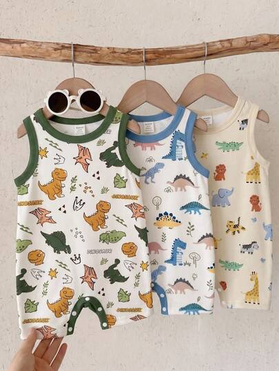 Unisex Newborn Baby Boy/Girl 3pcs Spring/Summer Casual Cute Lion Pattern Sleeveless Romper Shorts Multi-Piece Set, Baby Rompers, Outfits, Baby Summer Clothes