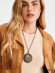 Nocturel 1pc Fashionable & Versatile Spiral Sun Shaped Alloy Pendant Long Necklace, Bohemian Style Beaded Round Disc Choker Necklace - Beads - View 5