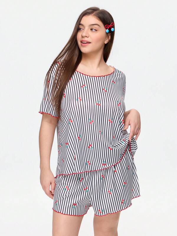 Bonmuse Celana Pendek Rajut Bergaris Hitam Motif Ceri Ukuran Besar untuk Wanita, Kerah Bulat, Pinggiran Berenda, Set Piyama Rumahan Romantis Kasual 2 Potong