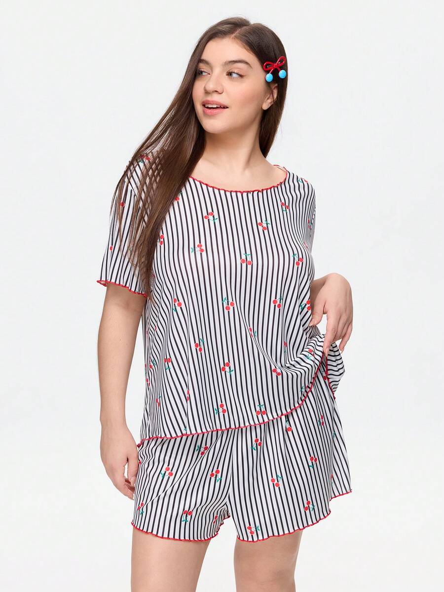 Bonmuse Plus Size Women's Round Neck Lettuce Edge Trim Black Striped Cherry Print Ribbed Knit Short Sleeve Shorts, Casual Home Romantic Pajama 2-Piece Set - Black - View 1