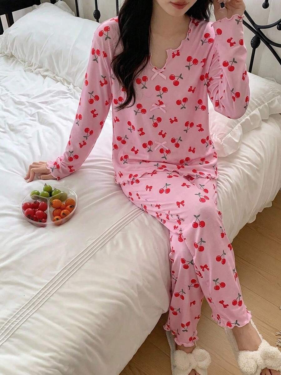 Girls' Fashionable Comfortable Cute Cherry Print Long Sleeve Pants Milk Silk Fabric Loungewear Set - Pink - View 1