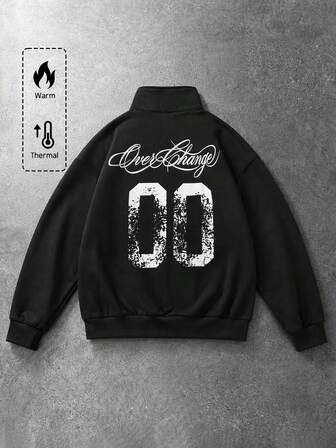 Sudadera casual de uso diario con cremallera y estampado de letras & números para hombre