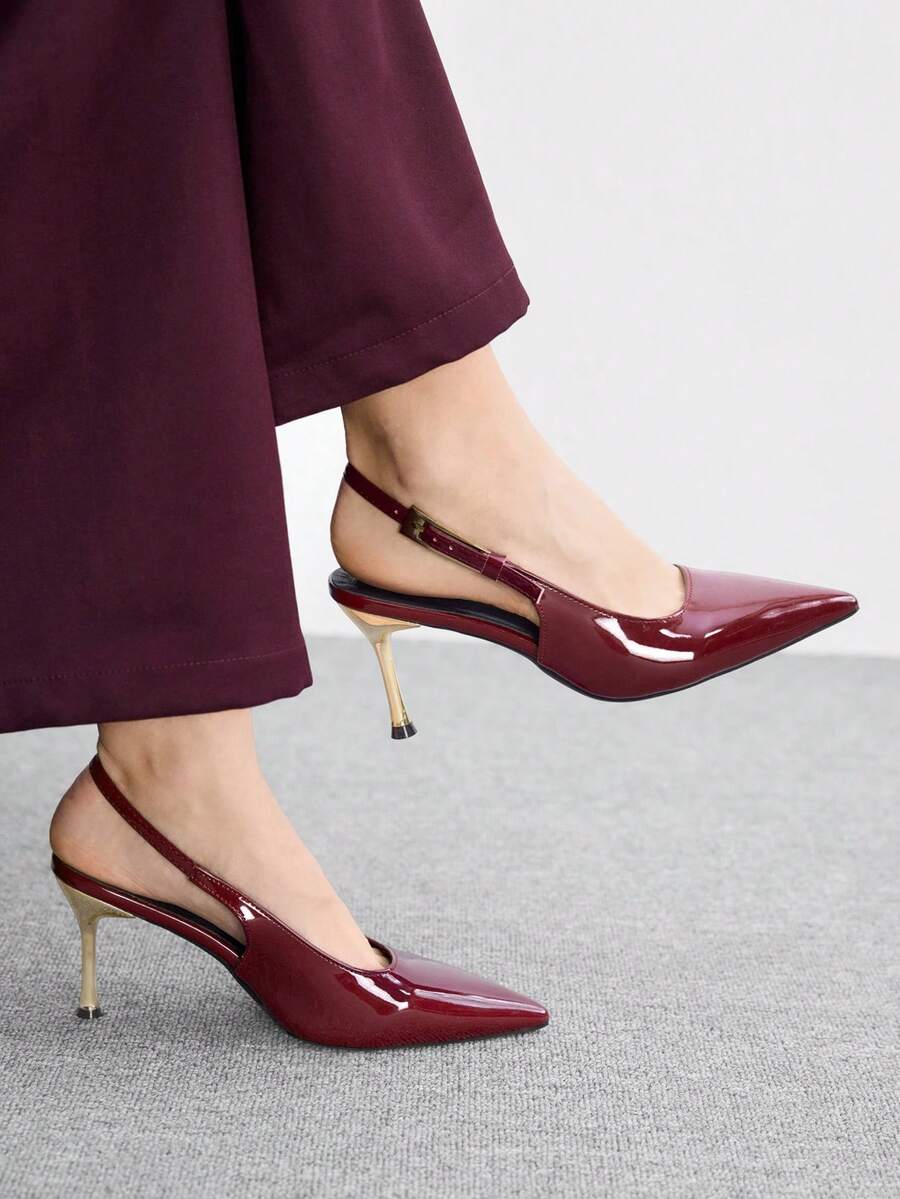CUCCOO BIZCHIC 女款時尚酒紅色尖頭細高跟鞋 日常百搭通勤性感派對女鞋 - 酒紅+金色鞋跟 - 查看 1