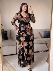 Auveirra Plus Size Women's V-Neck Floral Print Casual Party Dress - Multicolor - View 5