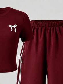 SHEIN 2 piezas/Set Conjunto de manga corta & pantalones largos para adolescentes, lazo de cinta, adecuado para primavera/verano, deportes & desplazamientos - Burdeos - Ver 3