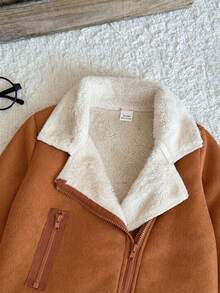 SHEIN Playful Pals Boys' Autumn/Winter Street Life Casual Motorcycle Jacket, Infant Thickened Plush Lapel Zipper Coat Children Aged 0-3Y, Toddler Holiday Club Brown - Multicolor - View 4