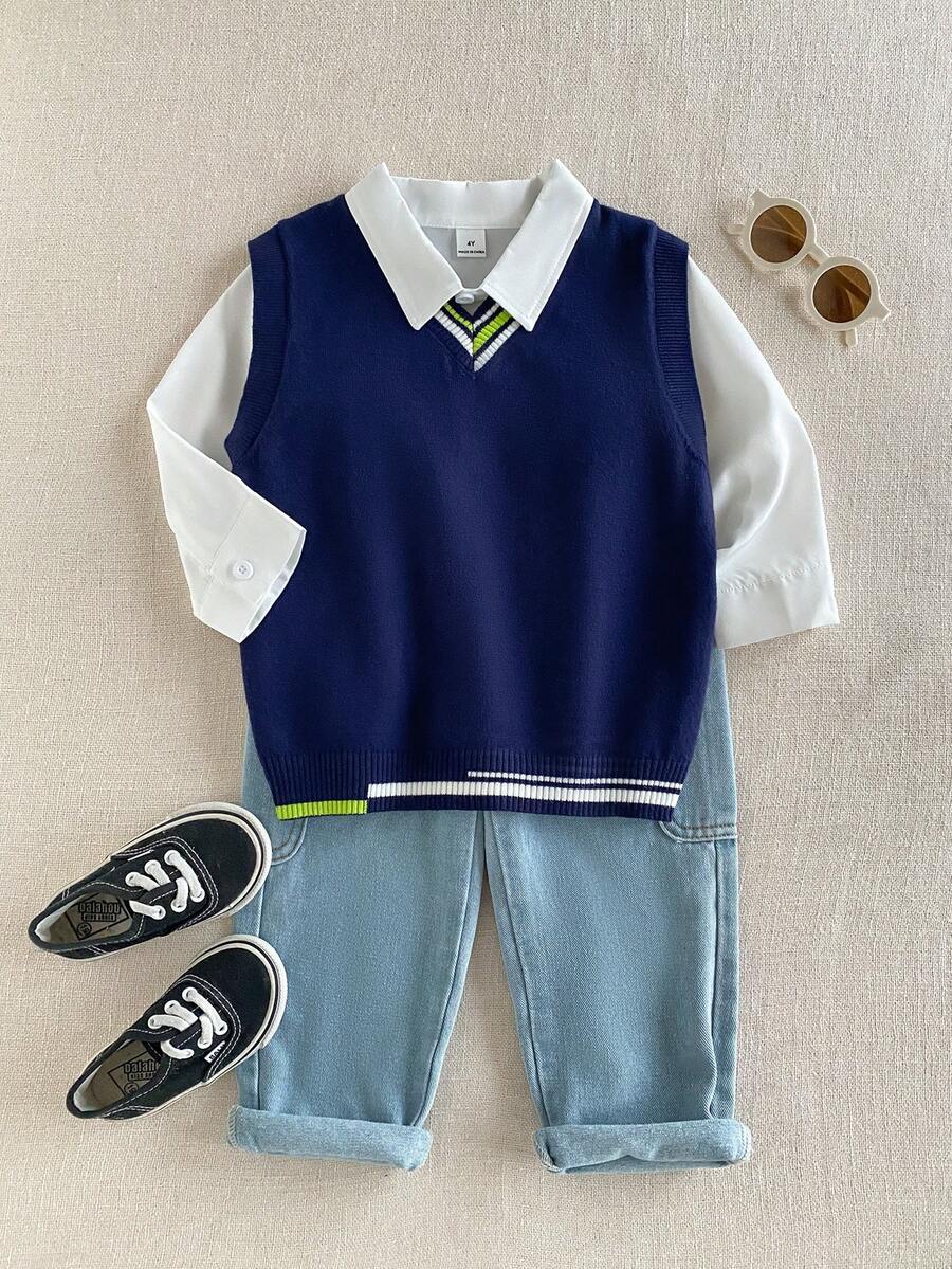 SHEIN 小男孩條紋V領休閒百搭針織背心 秋冬套頭衫 - 藏蓝色 - 查看 1