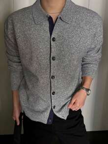 DAZY Spring/Autumn Gray Mixed Fabric Lapel Placket Black Contrast Color Men's Cardigan - Grey - View 1