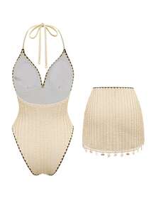 Sirith Women's Solid Color Triangle Bikini Top With Shell Chain Random Design, Spaghetti Straps, One-Piece Swimsuit With Skirt, Side Drawstring, Bottom Shell Chain Random Design, 2-Piece Swimsuit - Apricot - View 4