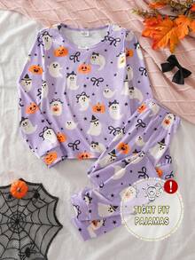 Tween Girl Ghost Print Long Sleeve Top & Leggings Snug Fit Loungewear - Purple - View 1