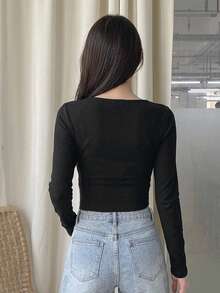 DAZY 女款純色修身百搭休閒日常上衣 - 黑色 - 查看 5