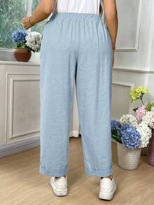 EMERY ROSE Plus Size Women's Cotton Solid Color Waist Tie Pocket Casual Tapered Pants Fall - Baby Blue - View 2