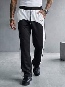 Manfinity CasualCool Men's Colorblock Drawstring Waist Pocket Casual Sweatpants - Black and White - View 3