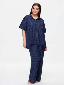 Bonmuse Summer Cute Plaid Print Patch Pocket Bear Embroidery Pattern Front Button Short Sleeve Long Pants Women Plus Size Pajama Set Homewear Set - Multicolor - View 4